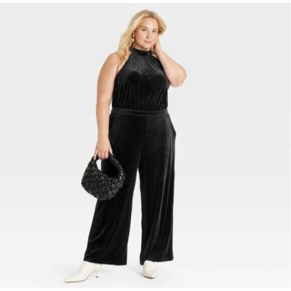 New Women’s Size XXL Black Velvet Jumpsuit High neck Halter A New Day 1605 - Picture 3 of 11